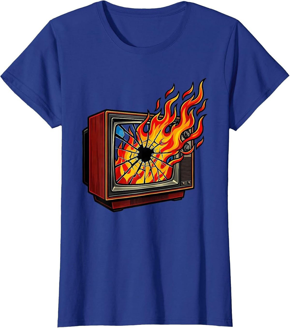Women's Punk Rock Burning TV Cracked Screen Graphic T-Shirt - Royal Blue