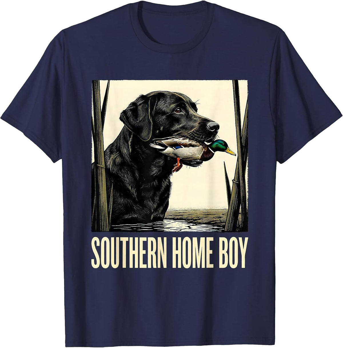 Men's Southern Home Boy Labrador Retriever Hunting Dog Marsh Scene T-Shirt - Navy Blue