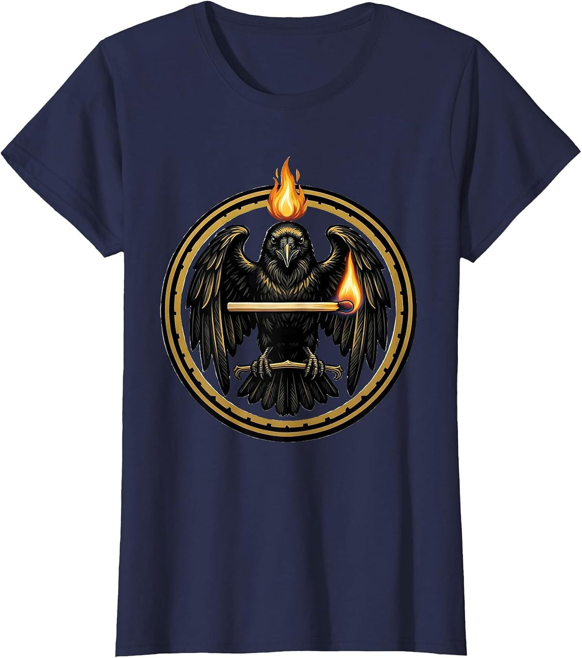Women's Crow Carrying a Lit Matchstick Illustration T-Shirt - Navy Blue