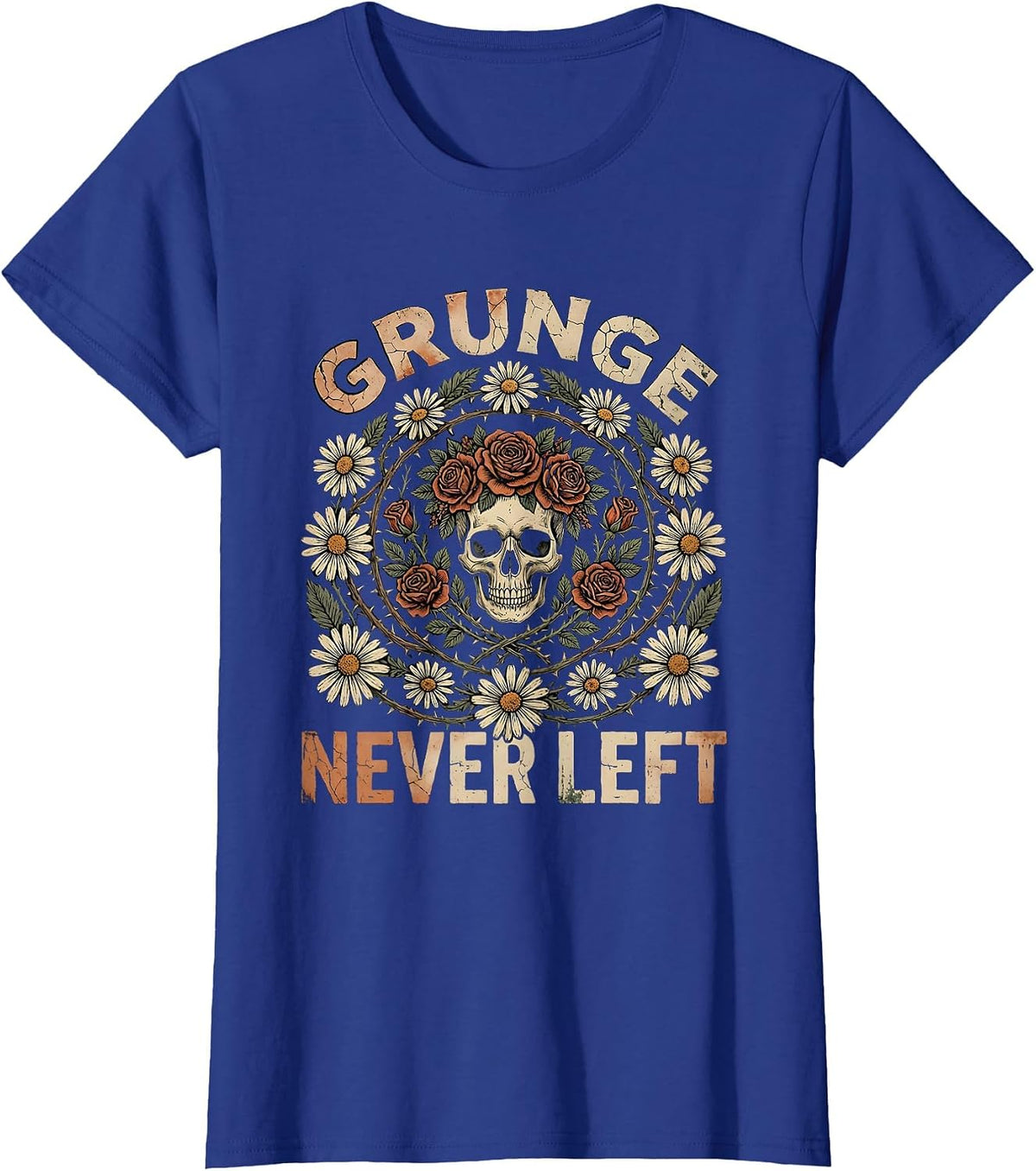 Women's Grunge Never Left Bold Retro Rock Design T-Shirt - Royal Blue
