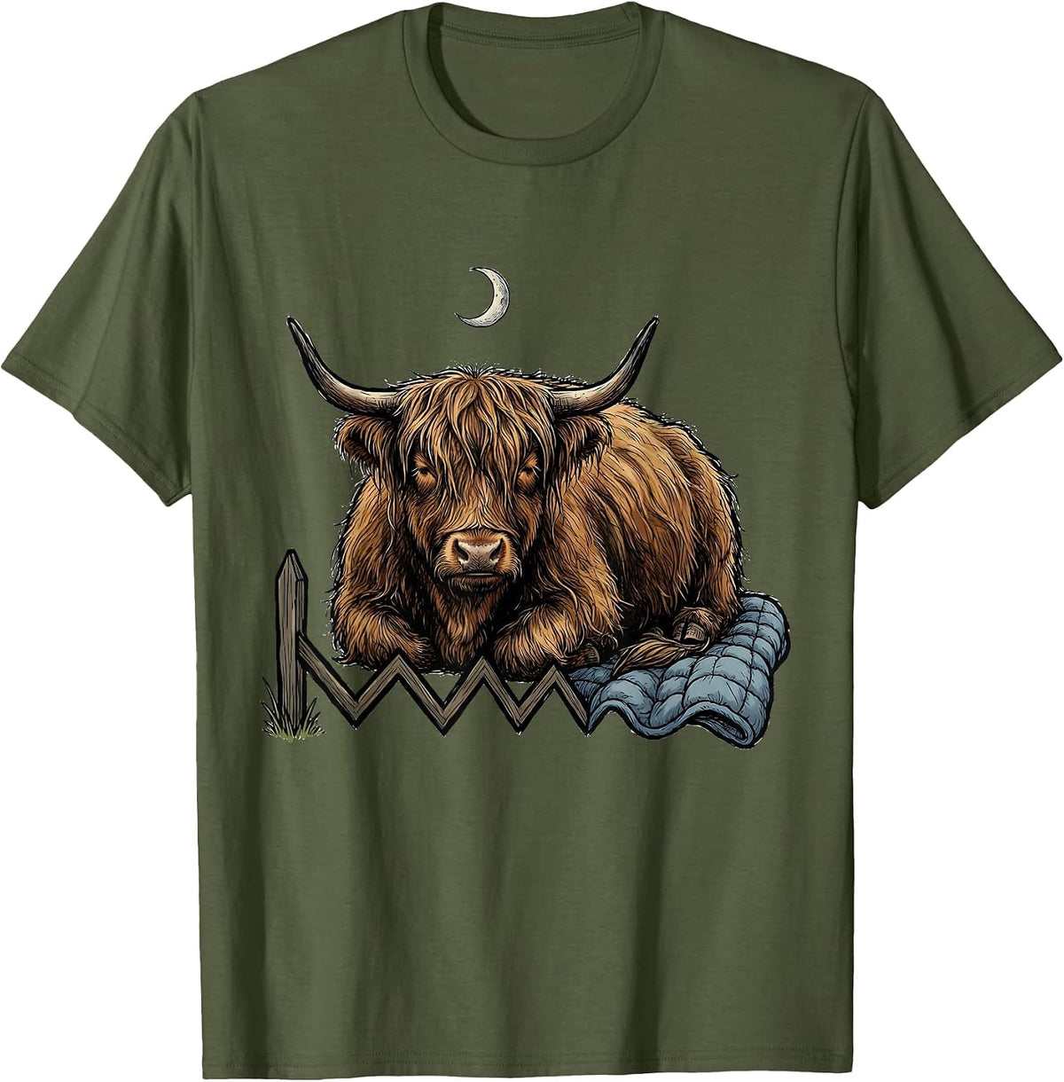 Sleeping Highland Cow Cozy Farm Animal Humor T-Shirt - Olive Green