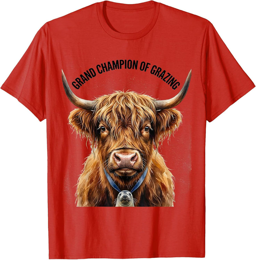 Grand Champion Of Grazing Funny Highland Cow Animal Lover T-Shirt - Red