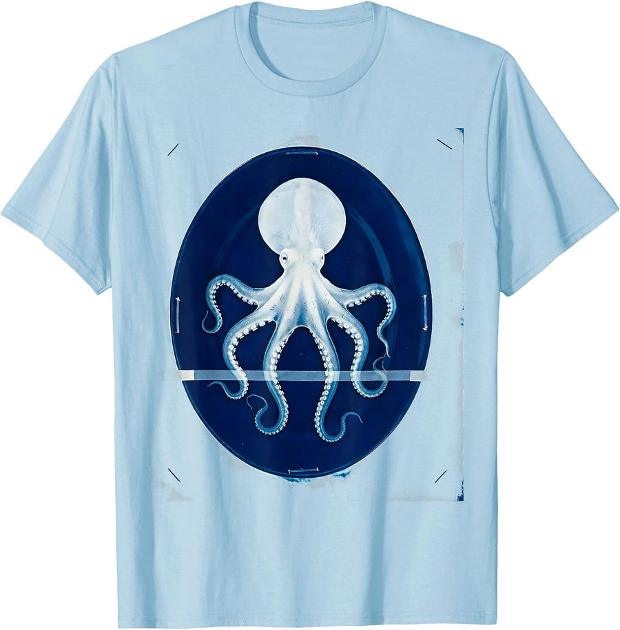 Men's Octopus Cyanotype Vintage Ocean Wildlife Graphic T-Shirt - Baby Blue