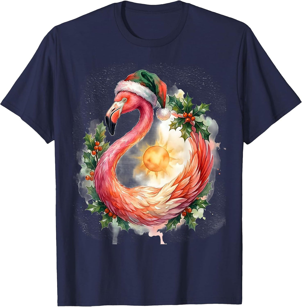 Men's Pink Flamingo Watercolor Christmas Wreath Holiday Humor T-Shirt - Navy Blue