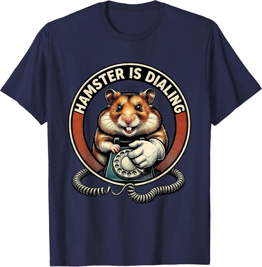 Hamster Is Dialing Retro Cartoon Hamster Owner Pet Lover T-Shirt - Navy Blue