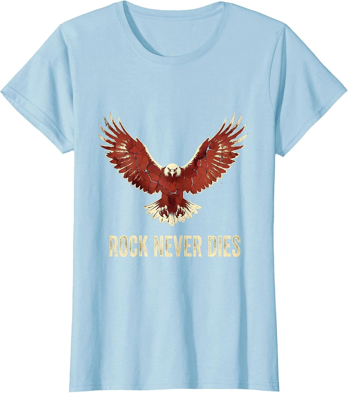 Rock Never Dies Bold Rock and Roll Graphic Design T-Shirt - Baby Blue