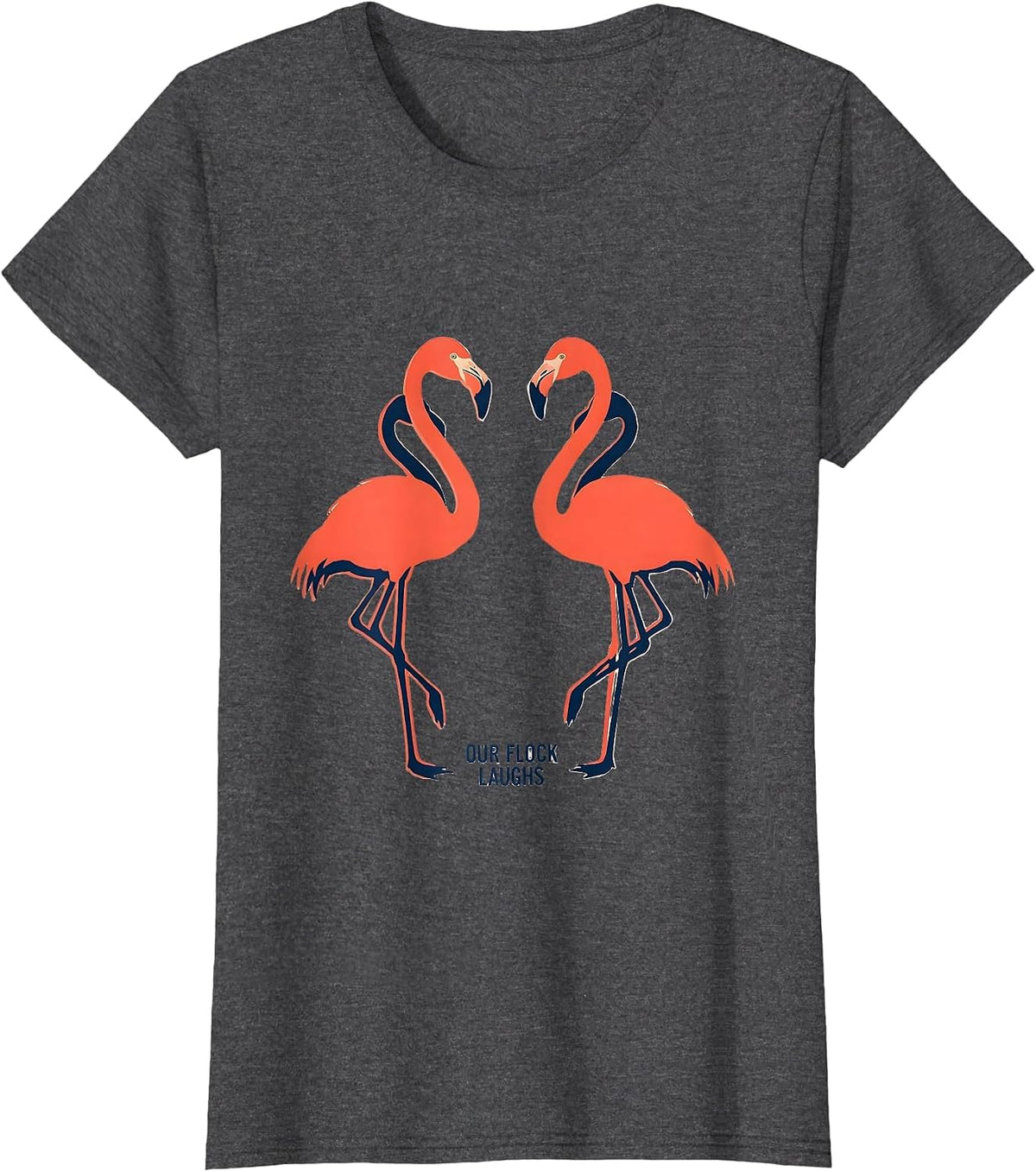 Women's Our Flock Laughs Funny Flamingo Novelty Family Vacation T-Shirt - Dark Heather Grey