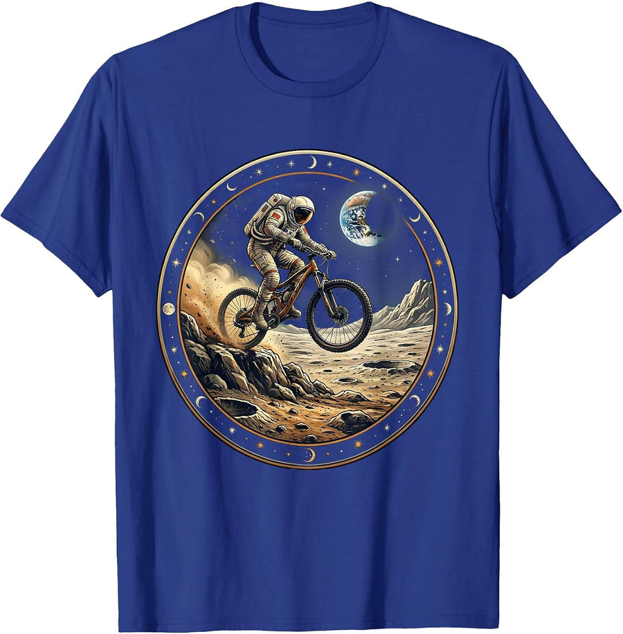Astronaut Mountain Biking on the Moon Graphic T-Shirt - Royal Blue