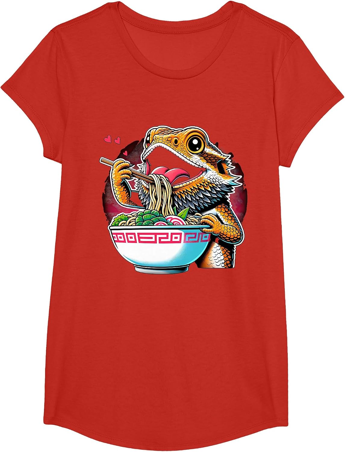 Kawaii Anime Bearded Dragon Ramen T-Shirt - Girls Red