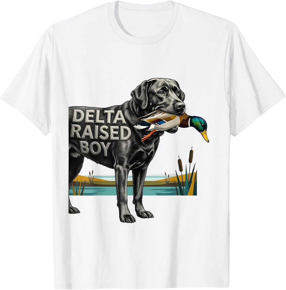 Men's Delta Raised Boy Midcentury Modern Labrador Duck Hunting T-Shirt - White