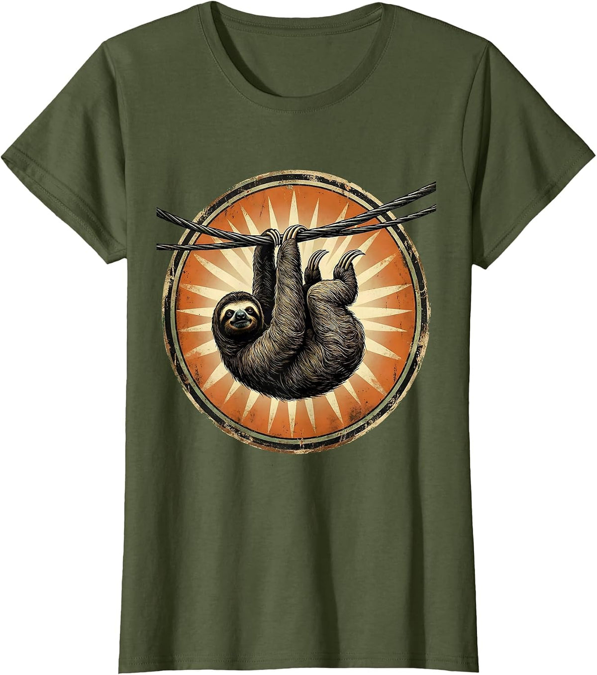 Women's Sloth Hanging From Power Line Funny Novelty T-Shirt - Olive Green