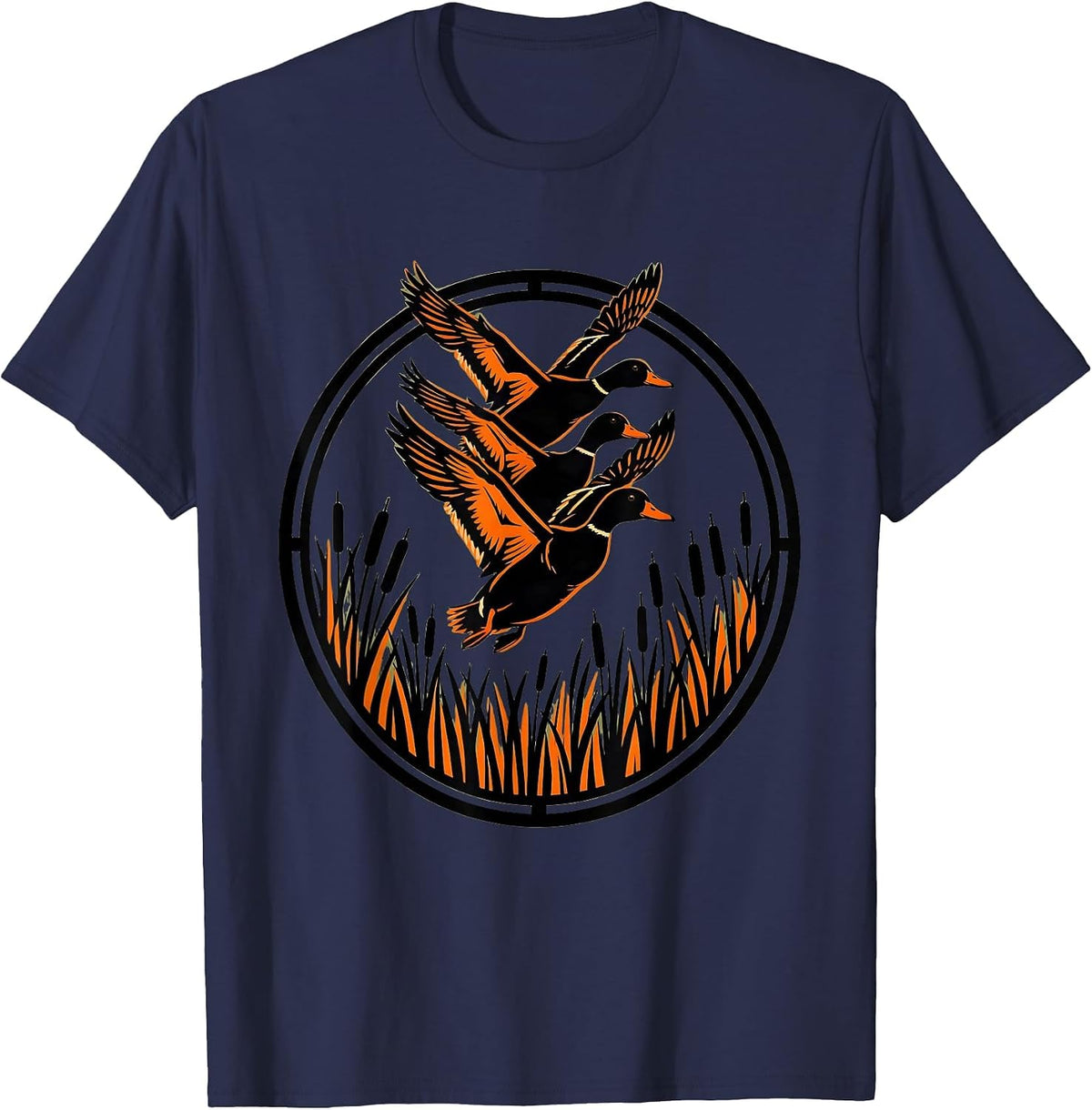 Men's Duck Camo Flock Over Misty Wetlands Illustration T-Shirt - Navy Blue
