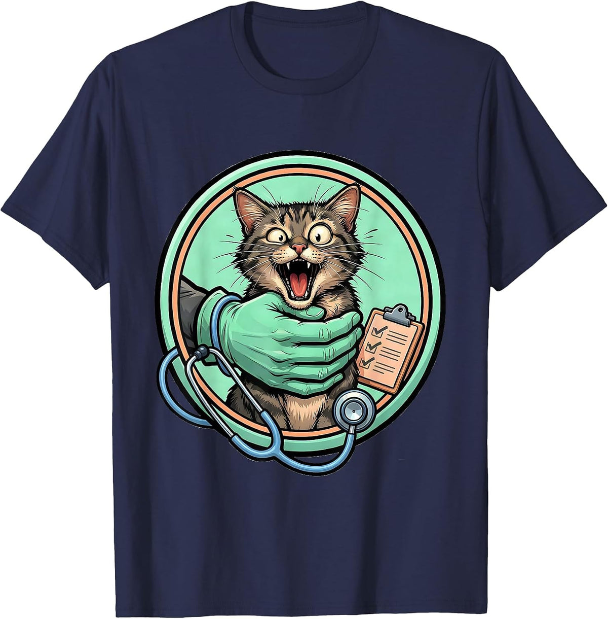 Cartoon Vet Tech Cat Restraint Pet Worker Humor T-Shirt - Navy Blue