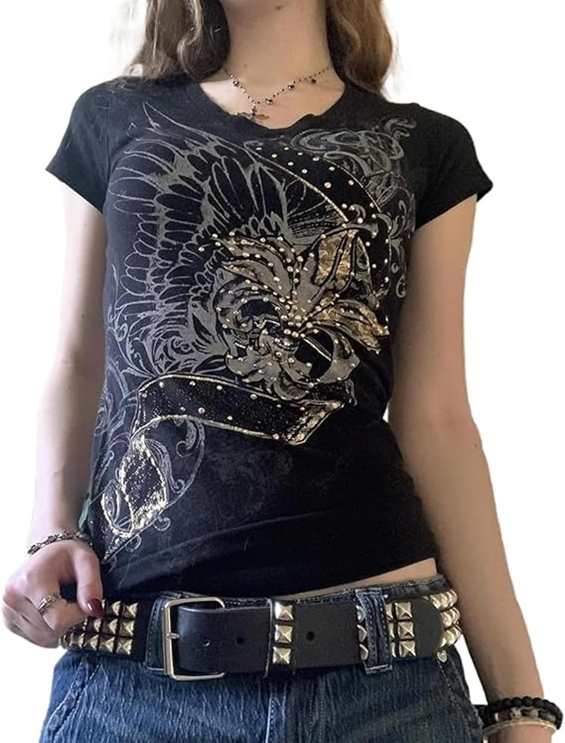 Grunge Shirts 2000s Clothing Women Vintage Graphic Tees Y2k Short Sleeve Goth Tops Teens Emo Clothes Streetwear - Black Grey