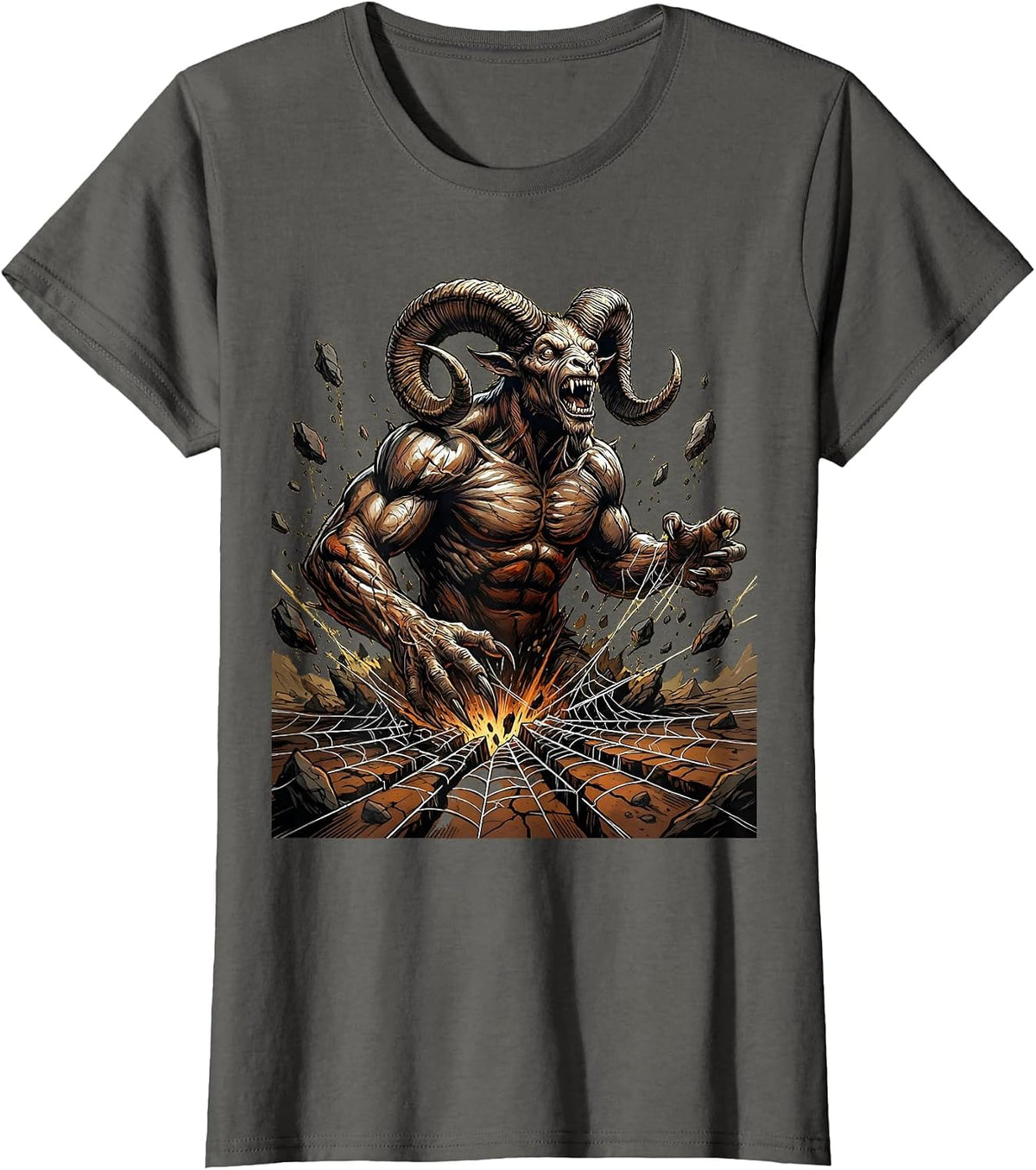 Women's Horned Demon Rising From Cracked Earth T-Shirt - Asphalt Grey