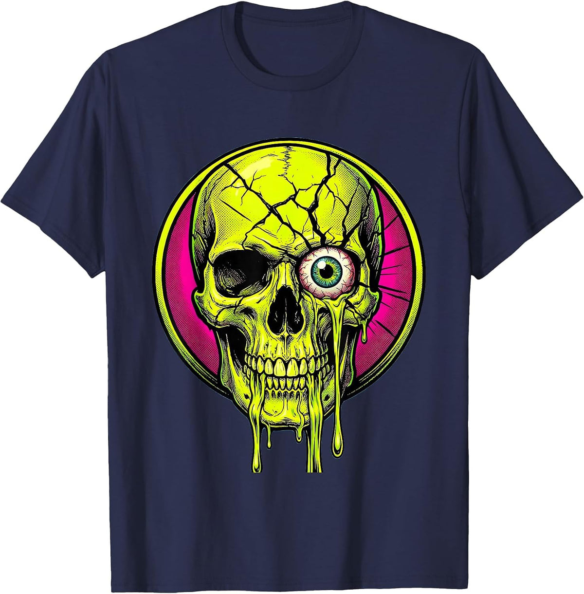 Cracked Skull Slime Ooze Graphic Design T-Shirt - Navy Blue