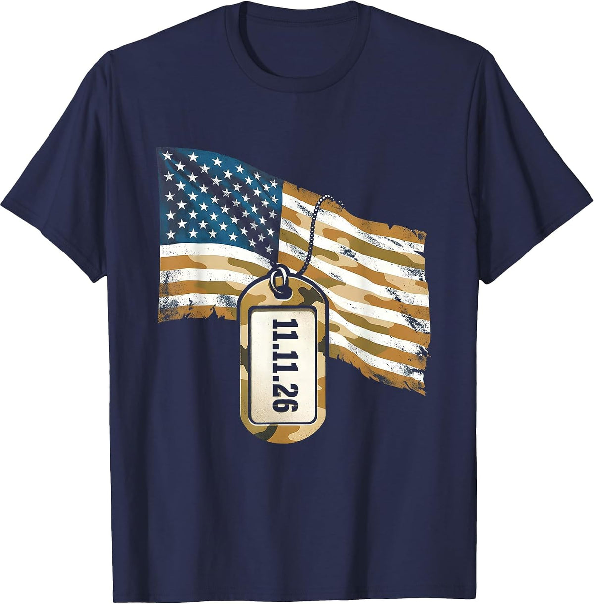 11.11.26 Distressed Patriotic Veteran Service Dog Tag T-Shirt - Navy Blue