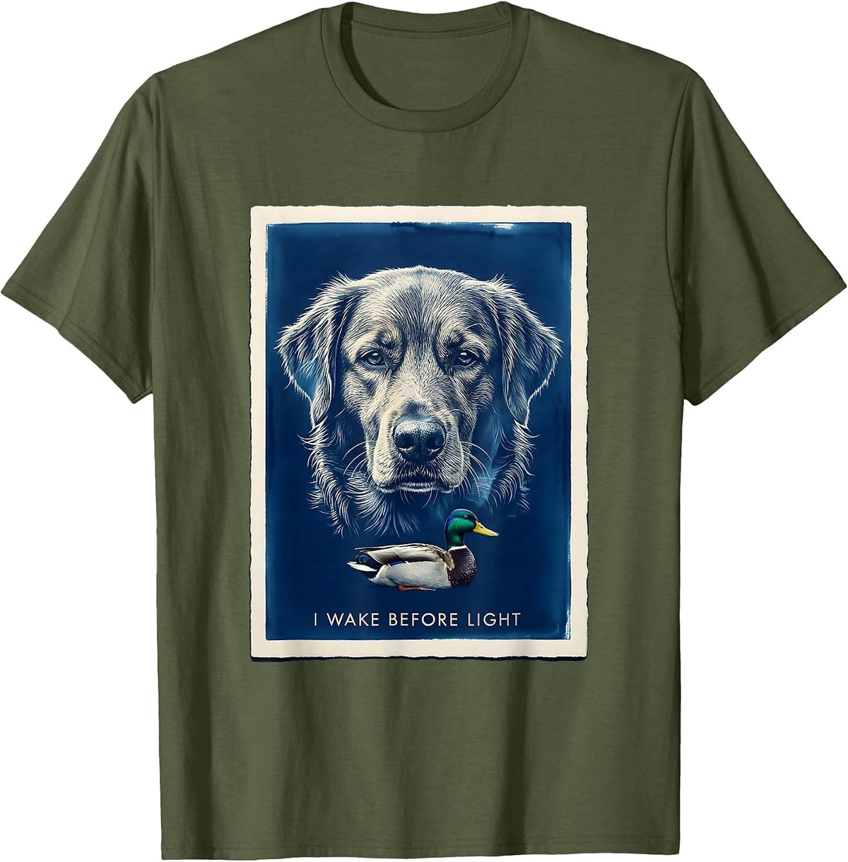 I Wake Before Light Cyanotype Retriever Mallard Hunting T-Shirt - Olive Green