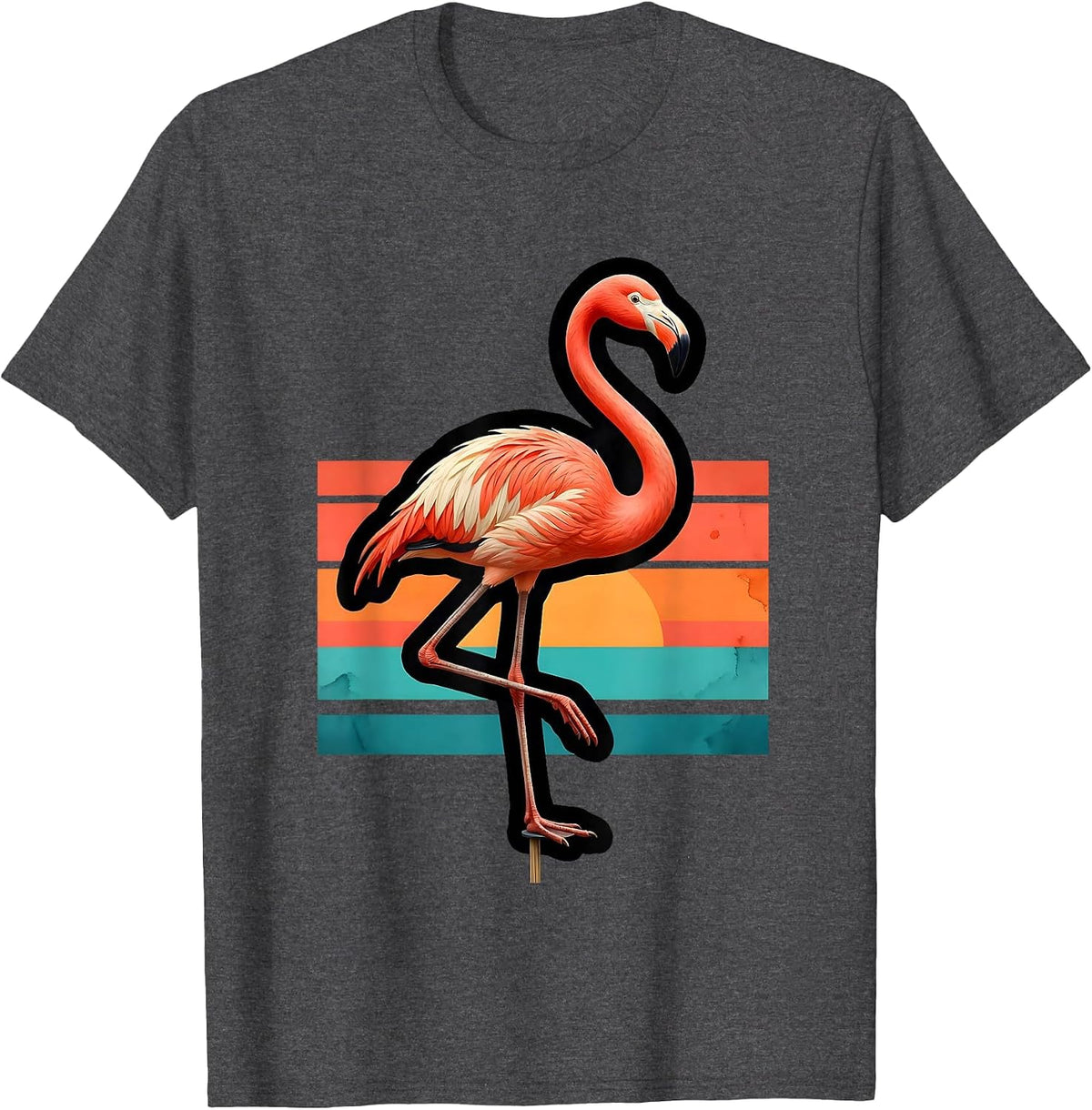 Oversized Flamingo Flat Cartoon Novelty Summer Vacation T-Shirt - Dark Heather Grey