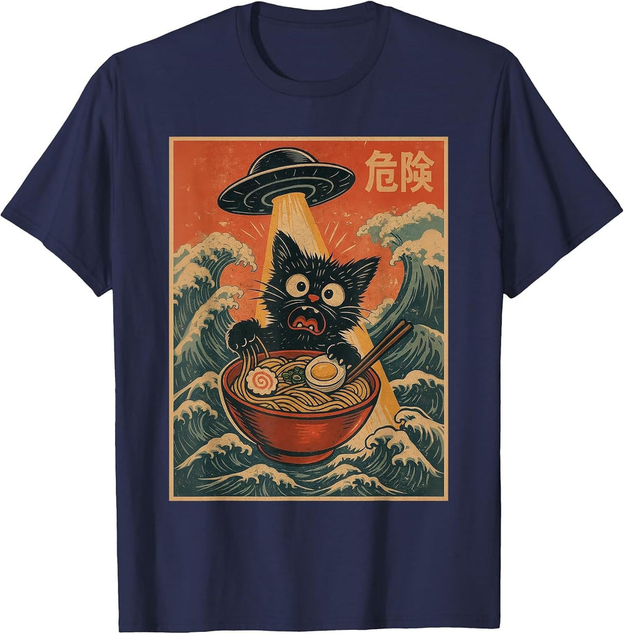 Black Cat Ramen Alien UFO Funny Japanese Kawaii Anime Funny T-Shirt - Navy Blue