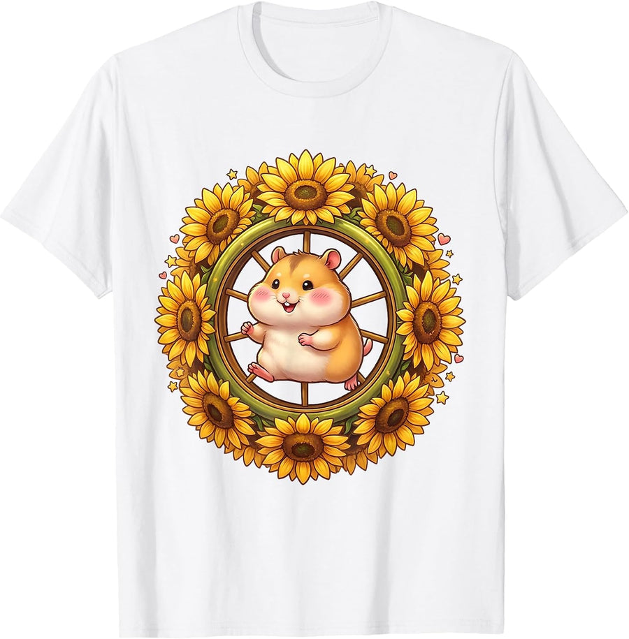 Sunflower Hamster Running Wheel Kindergarten Design T-Shirt - White