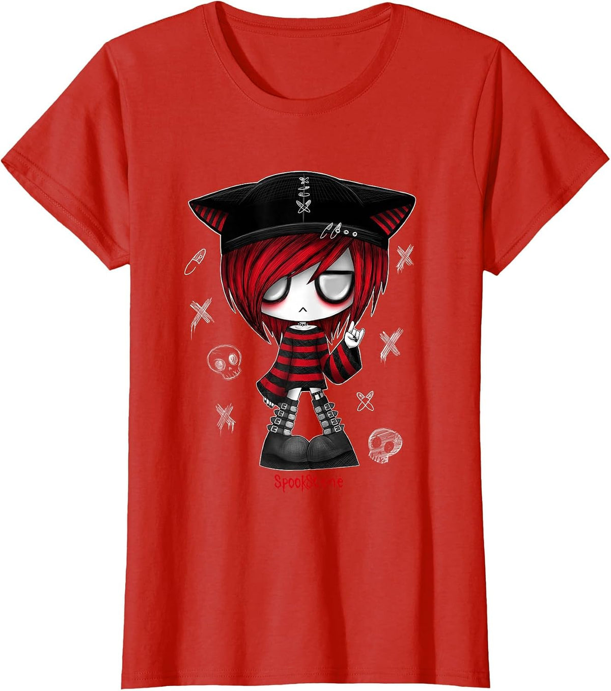 Spookscene Edgy Kitty Hat Scene Kid Emo Alt Goth Red T-Shirt - Red