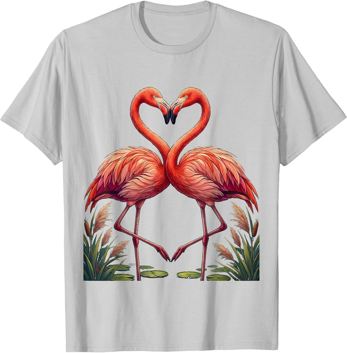Men's Flamingo Love Couple Romantic Beak to Beak Design T-Shirt - Silver Grey