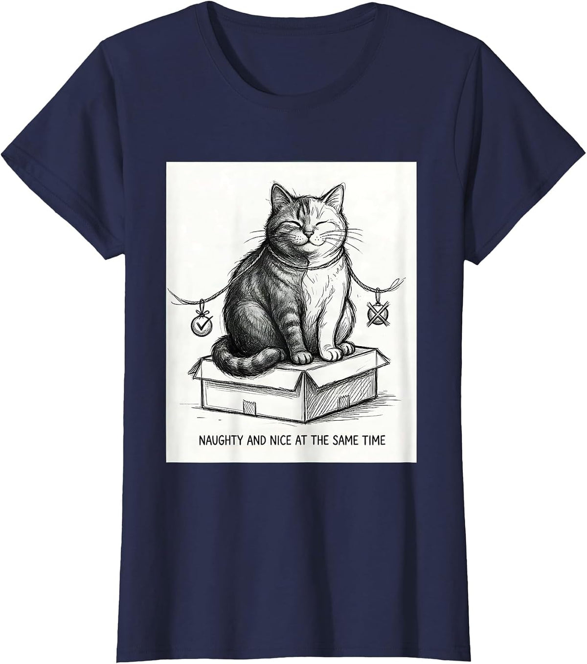 Women's Naughty And Nice At The Same Time Quantum Physics Cat Humor T-Shirt - Navy Blue