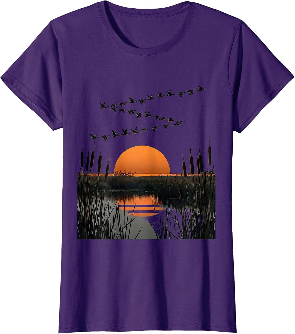 Women's Camo Waterfowl V-Formation Marsh Flying Duck T-Shirt - Purple