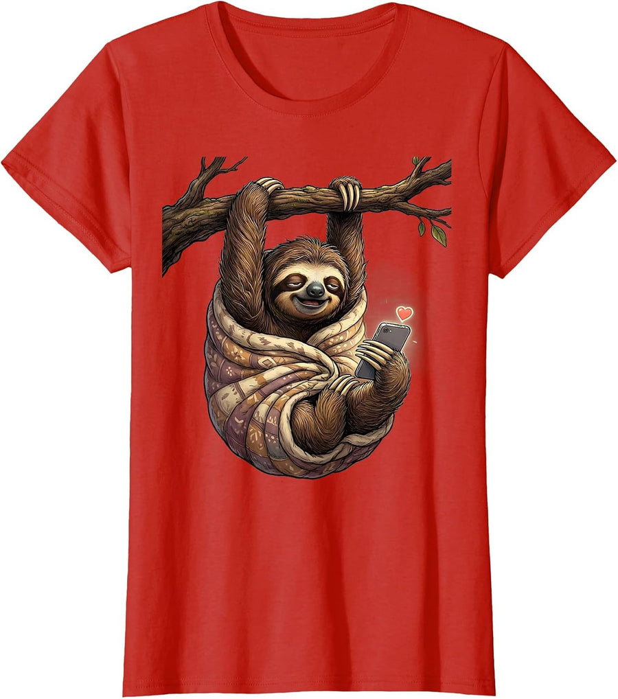 Women's Sleepy Sloth Cozy Blanket Phone Funny Graphic T-Shirt - Red