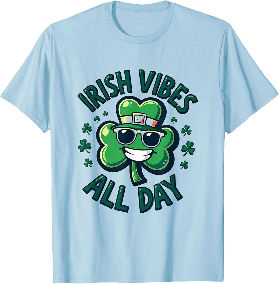 Irish Vibes All Day St. Patrick's Day Design T-Shirt - Baby Blue