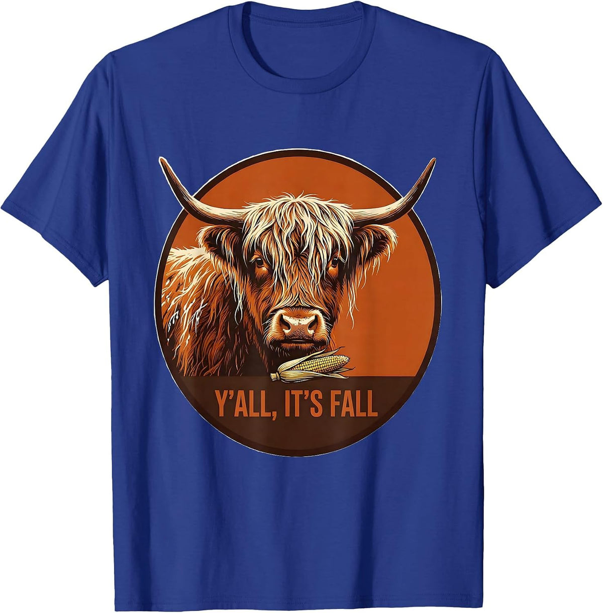 Men's Y'all, It's Fall Cute Highland Cow Autumn Cozy Seasonal T-Shirt - Royal Blue