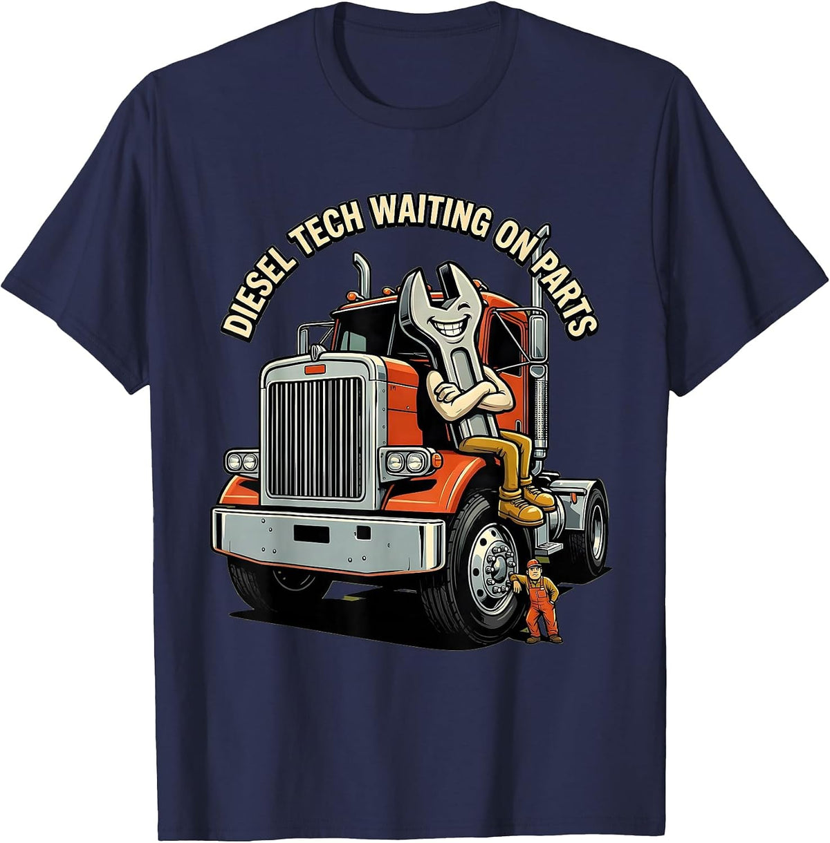 Men's Diesel Tech Waiting On Parts Retro Auto Mechanic Shop Humor T-Shirt - Navy Blue