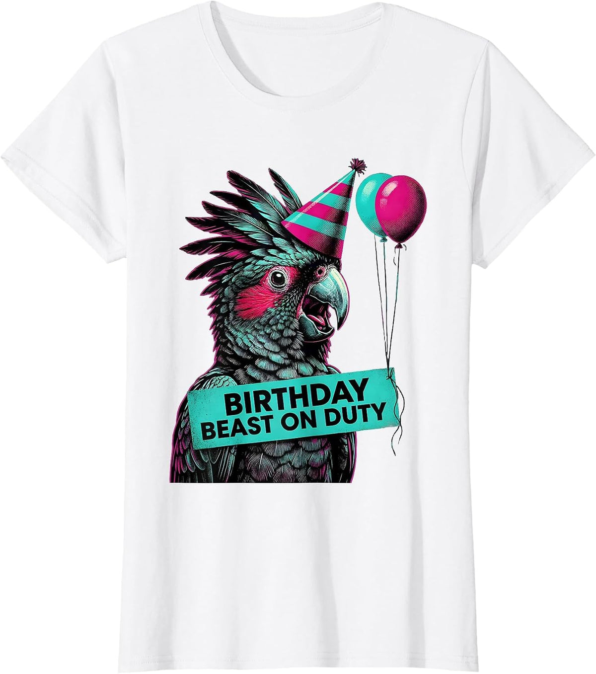 Birthday Beast On Duty Whimsical Cockatoo Party Hat T-Shirt - White