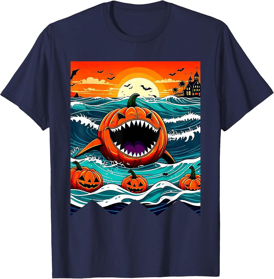 Halloween Pumpkin Shark Funny Summerween Spooky Summer Kids T-Shirt - Navy Blue