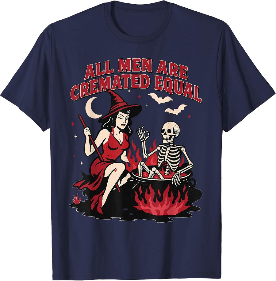 All Men are Cremated Equal Funny Halloween Witch Skeleton T-Shirt - Navy Blue