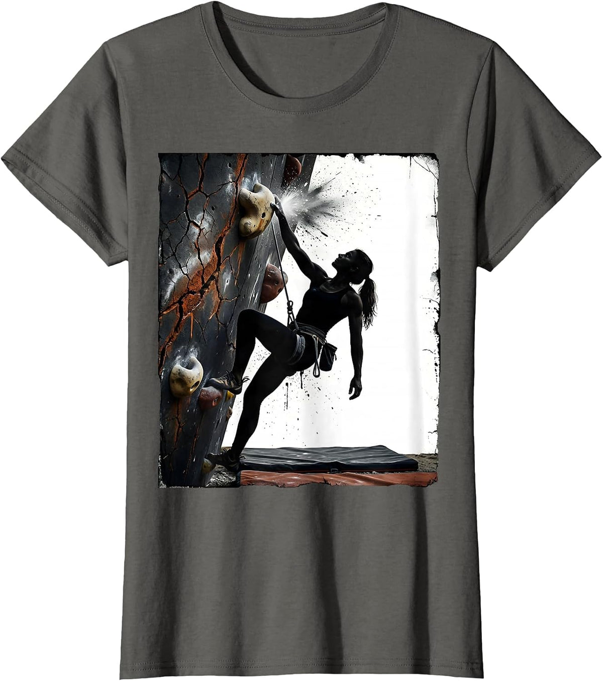Women's Solid Woman Climber Distressed Bouldering Humor T-Shirt - Asphalt Grey
