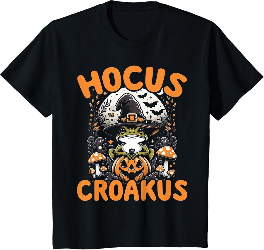 Halloween Frog Witch Pun Hocus Croakus Toad Lover Costume T-Shirt - Black