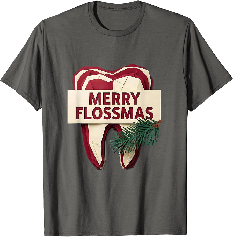 Merry Flossmas Funny Dental Christmas Dental Office Team T-Shirt - Asphalt Grey