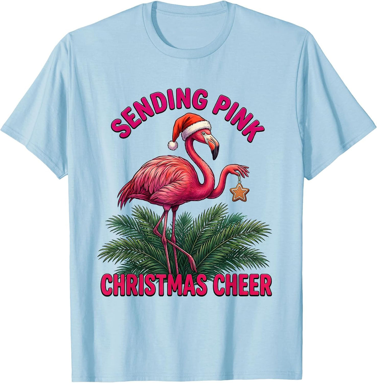 Men's Sending Pink Christmas Cheer Funny Flamingo Santa Hat T-Shirt - Baby Blue