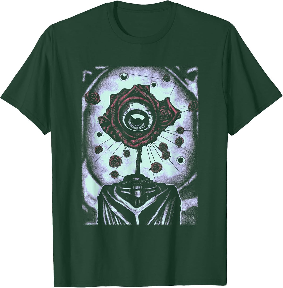 Eyeball Distressed Weirdcore Aesthetic Goth Grunge Eye Rose T-Shirt - Dark Green