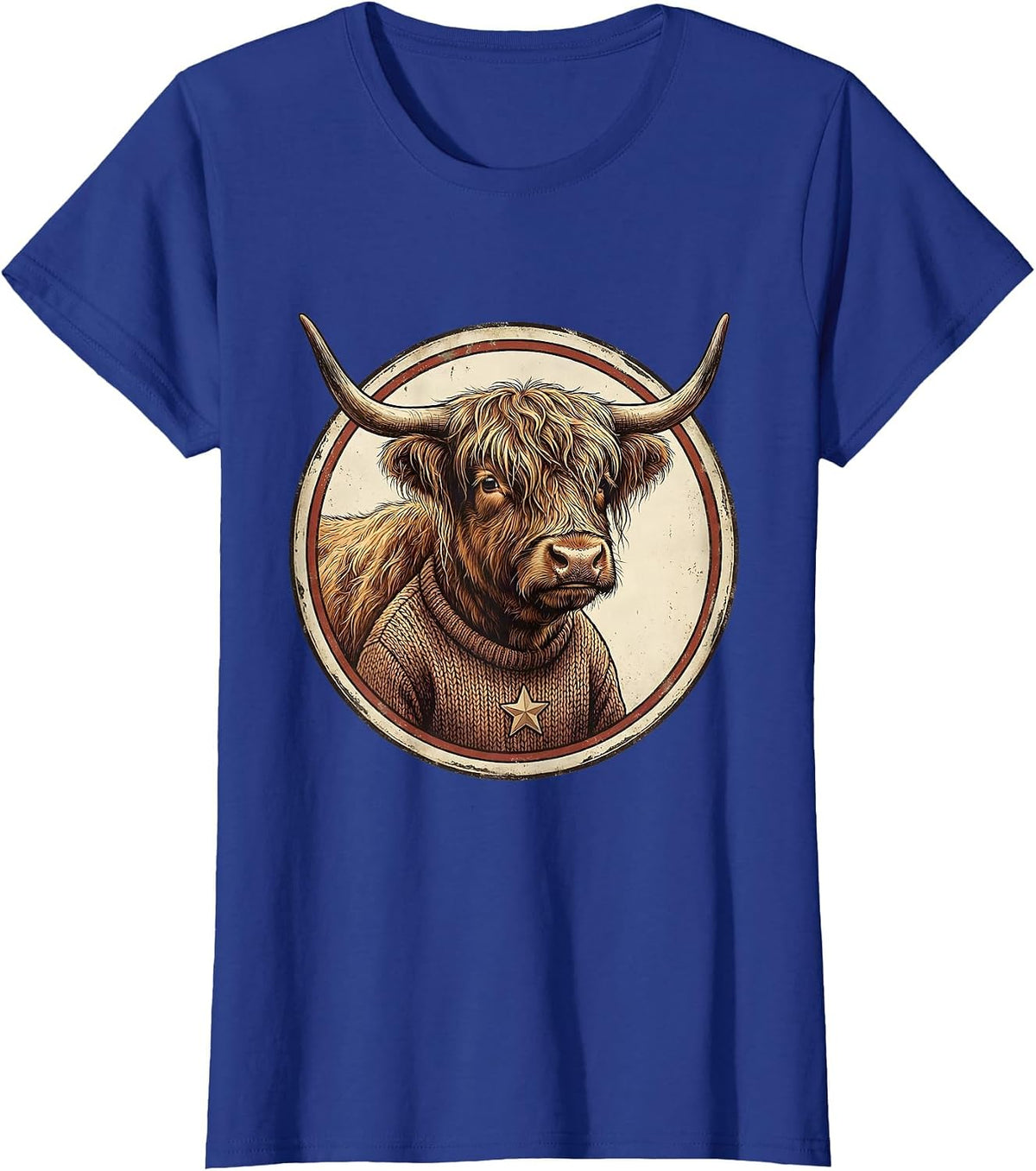 Women's Sealed Highland Cow Vintage Farm Humor Christmas T-Shirt - Royal Blue