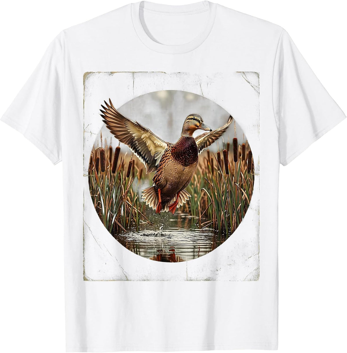 Men's Duck Flying Over Marsh Reeds Wildlife Illustration T-Shirt - White