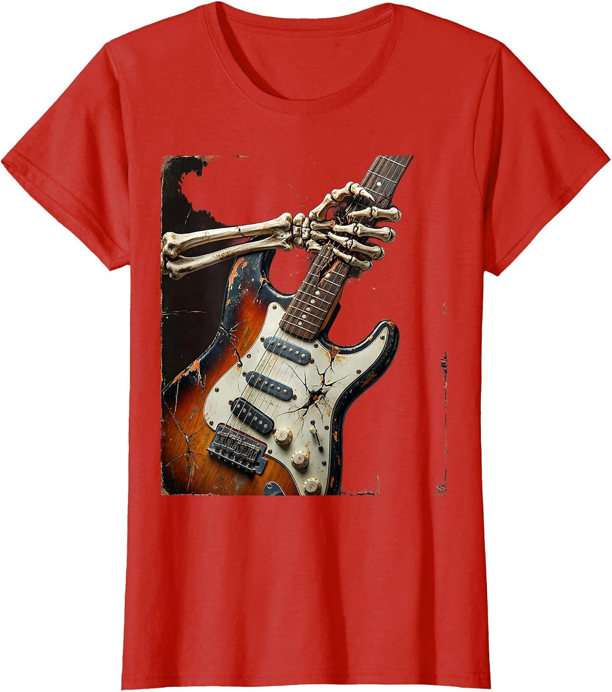 Skeleton Fingers Shredding Electric Guitar T-Shirt - Red