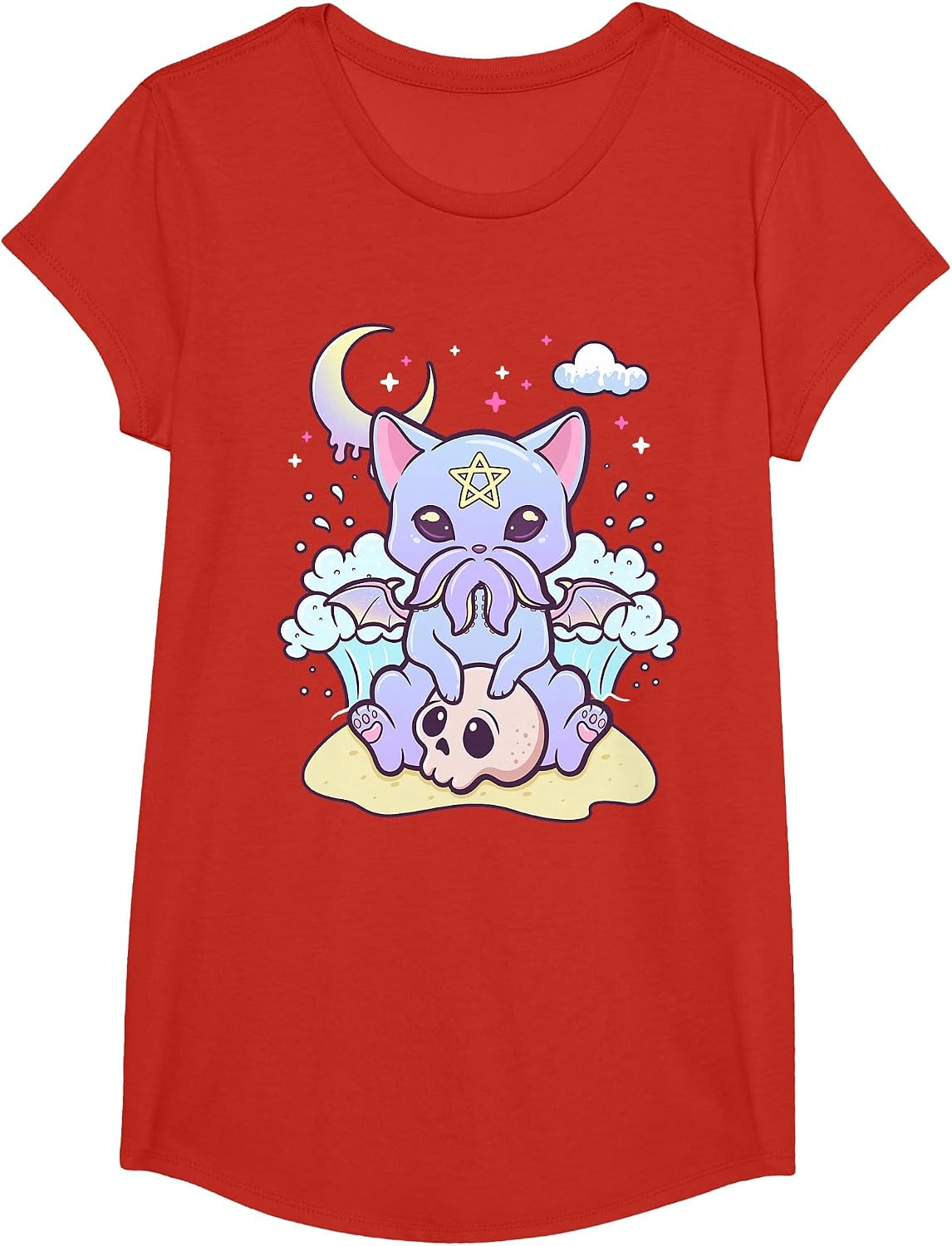 Kawaii Pastel Goth Cute Scary Creature Skull T-Shirt - Girls Red