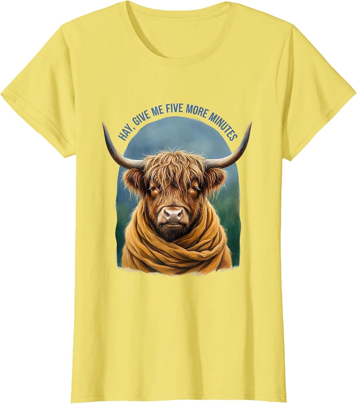 Hay Give Me Five More Minutes Storybook Highland Cow Farm T-Shirt - Lemon Yellow