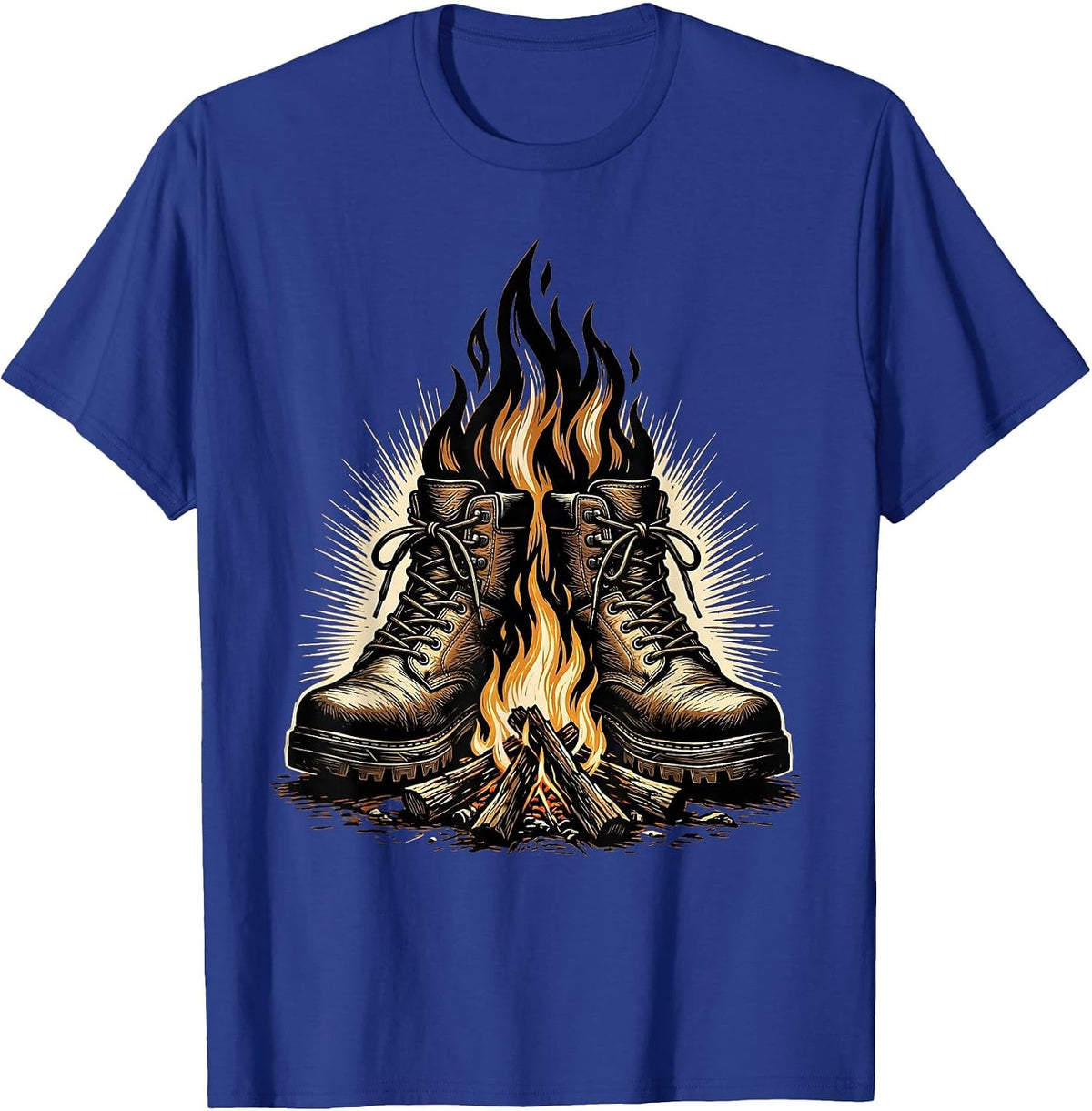 Hunting Boots Campfire Graphic Outdoors Design T-Shirt - Royal Blue