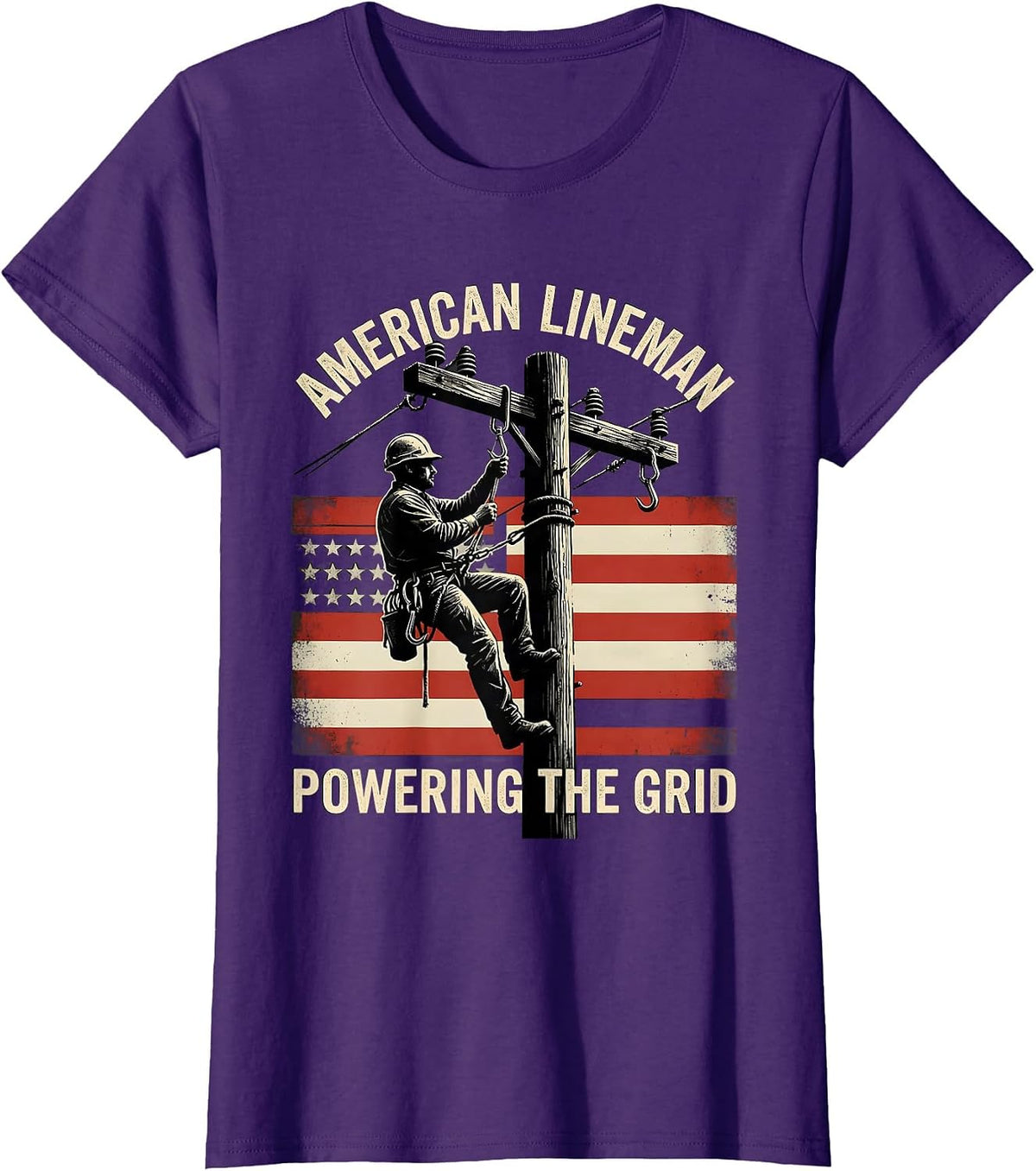 Women's American Lineman Powering the Grid Distressed Electrician T-Shirt - Purple
