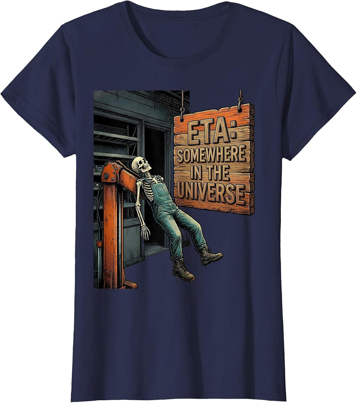 Women's ETA: Somewhere In The Universe Funny Mechanic Auto Repair T-Shirt - Navy Blue