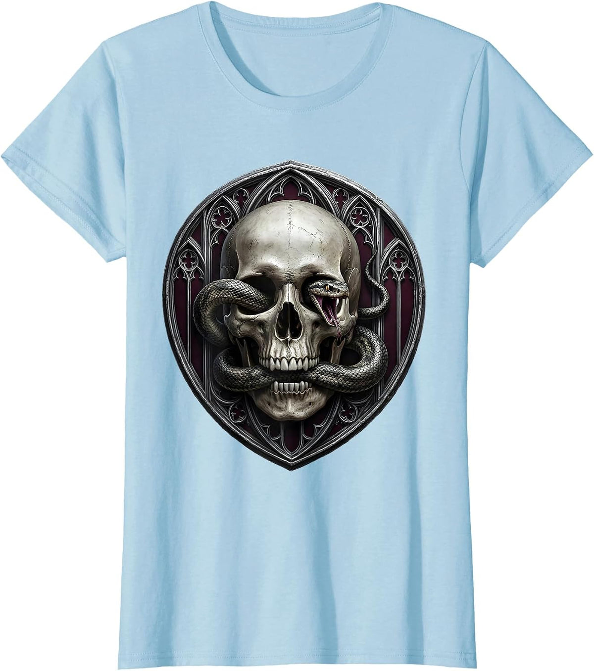 Women's Snake and Skull Gothic Dark Art Design T-Shirt - Baby Blue